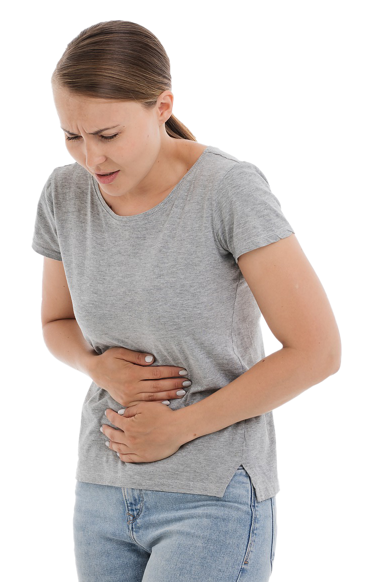 Frau krümmt sich vor Verdauungsbeschwerden und hält sich beide Hände vor den Magen/Darm. Dies können Symptome von Reizdarm sein. Eine FODMAP-arme Diät kann Linderung schaffen.