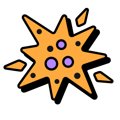 Icon Aromen: orangefarbener Stern mit lila Kreisen, Symbol für Vielfalt im Böcker Sauerteig